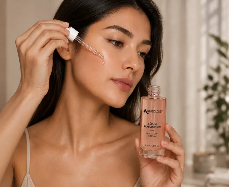 Persona aplicando una gota de producto cosmético sobre la mejilla