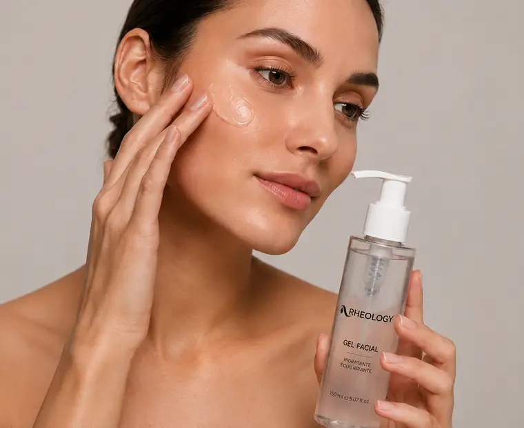 Persona aplicando una pequeña cantidad de gel cosmético sobre la mejilla