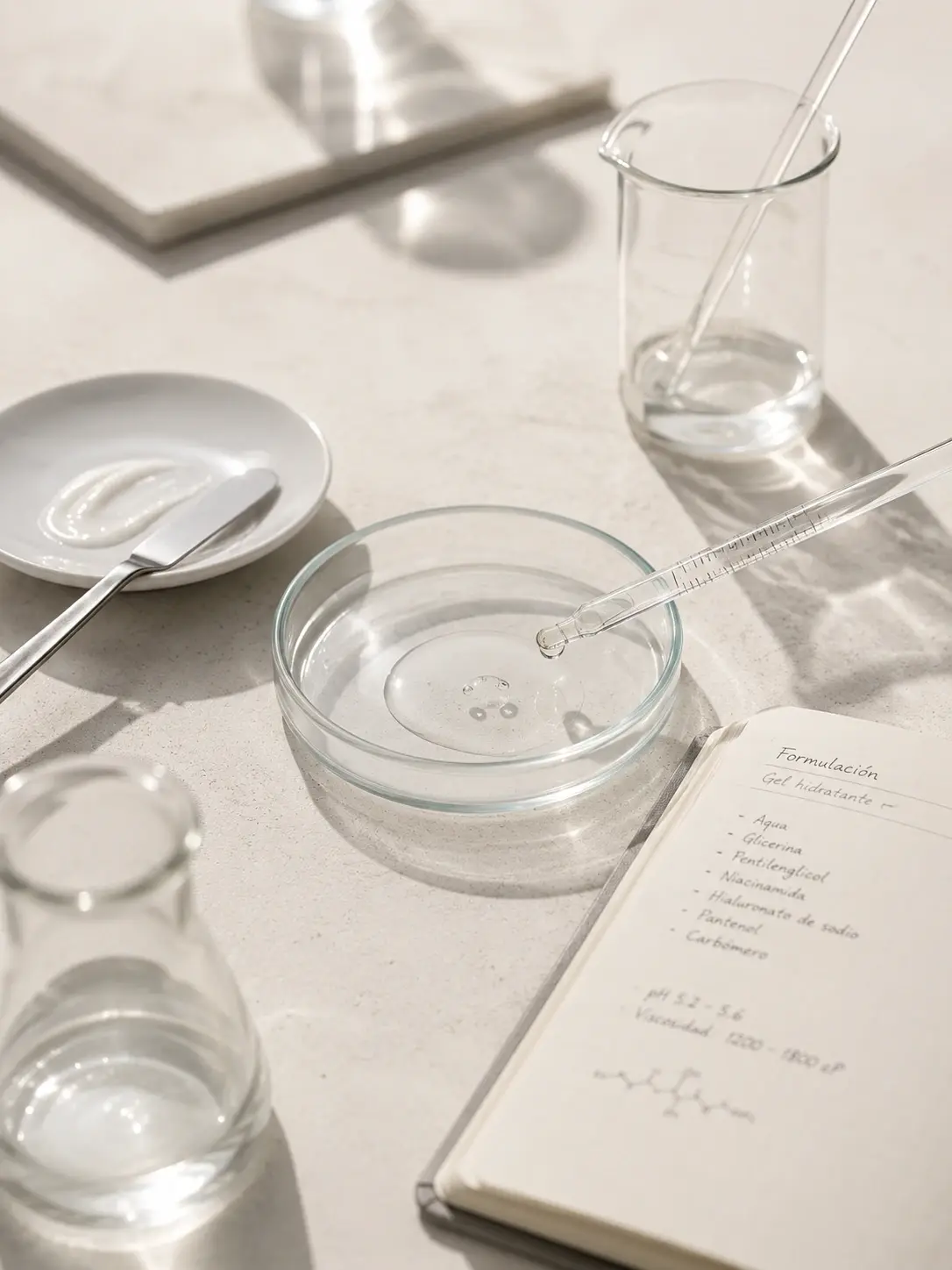 Material de laboratorio junto a una muestra de textura cosmética