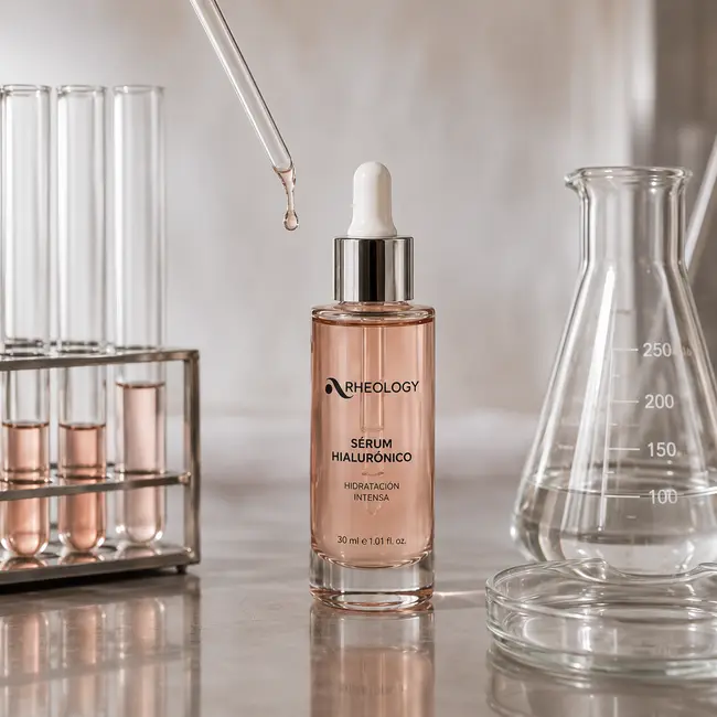Envase conceptual del sérum junto a material de laboratorio