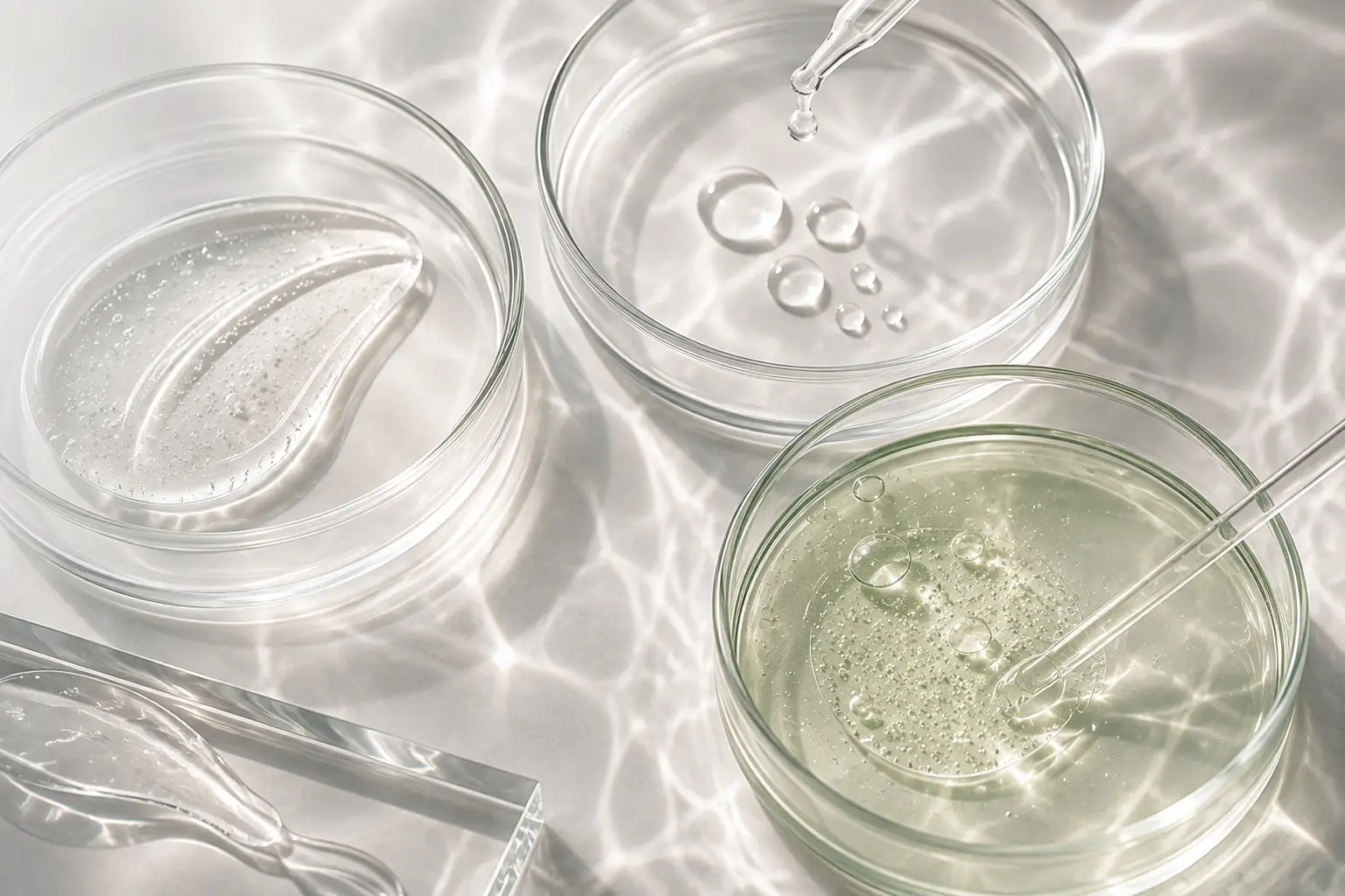 Recipientes de vidrio con texturas cosméticas transparentes en una composición de laboratorio
