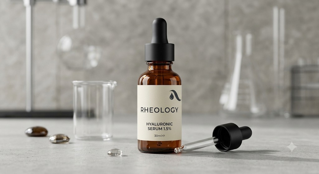 Envase del producto Rheology sobre una superficie de laboratorio